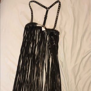 Black leather harness fringe belt
